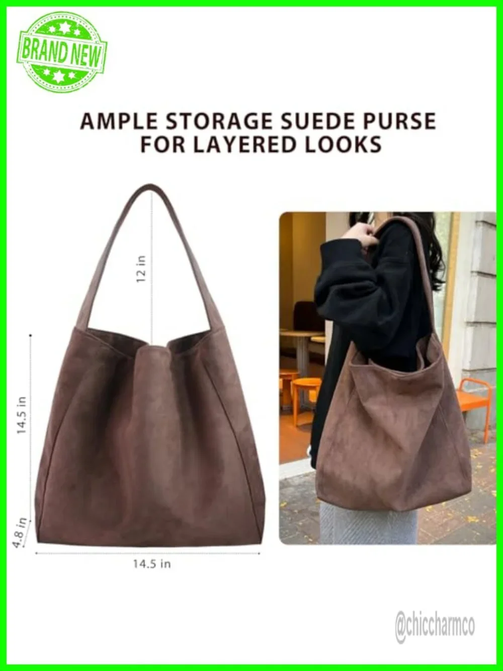Large Slouchy Hobo Tote Handbag Faux Suede Shoulder Bag